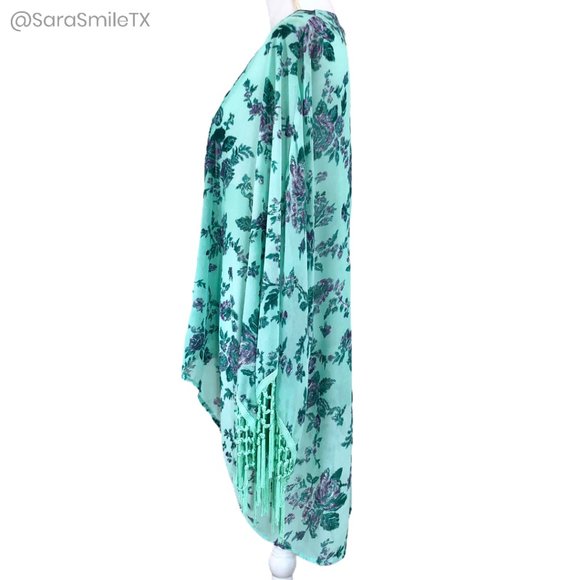 ENTRO Boho Mint Green Floral Print Tassel Fringe Midi Length Kimono - Picture 4 of 8